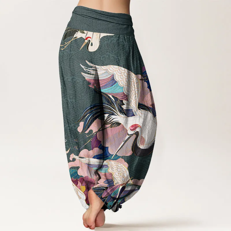 Buddha Stones Red-crowned Crane Cloud Pattern Women's Elastic Waist Harem Pants
