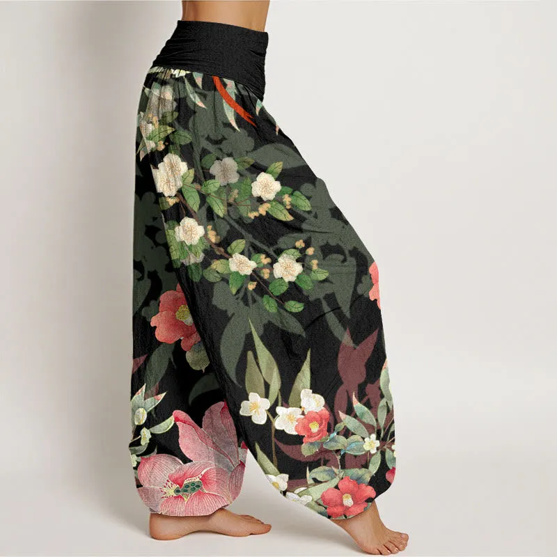 Buddha Stones Vibrant Blooming Lotus Flower Lush Branches Women's Elastic Waist Harem Pants