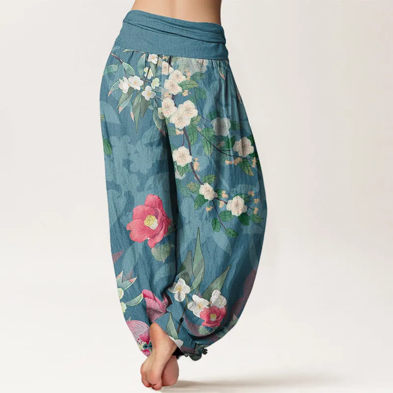 Buddha Stones Vibrant Blooming Lotus Flower Lush Branches Women's Elastic Waist Harem Pants