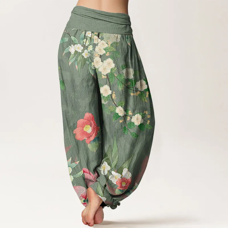 Buddha Stones Vibrant Blooming Lotus Flower Lush Branches Women's Elastic Waist Harem Pants