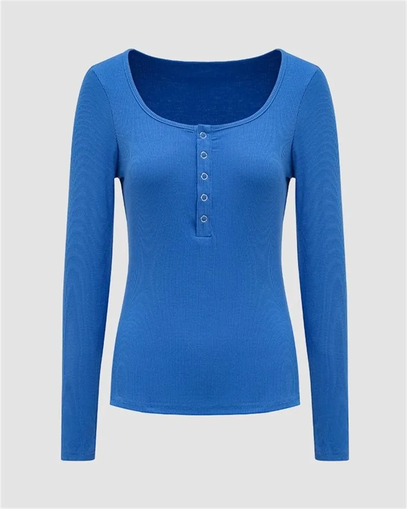Button Long Sleeve Ribbed Top