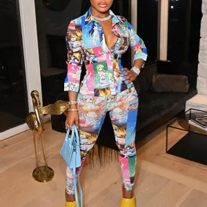 Cartoon Pattern Long Sleeve Blouse & Pants Set