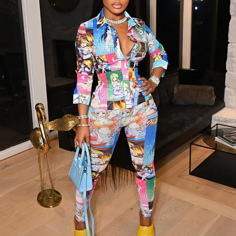 Cartoon Pattern Long Sleeve Blouse & Pants Set