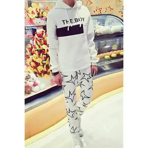 Casual Hooded One Patch Pocket Letters Print Slimming Long Sleeves Men's Pullover Hoodie Sweatpants - White L