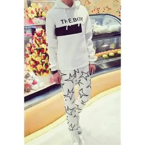 Casual Hooded One Patch Pocket Letters Print Slimming Long Sleeves Men's Pullover Hoodie Sweatpants - White L