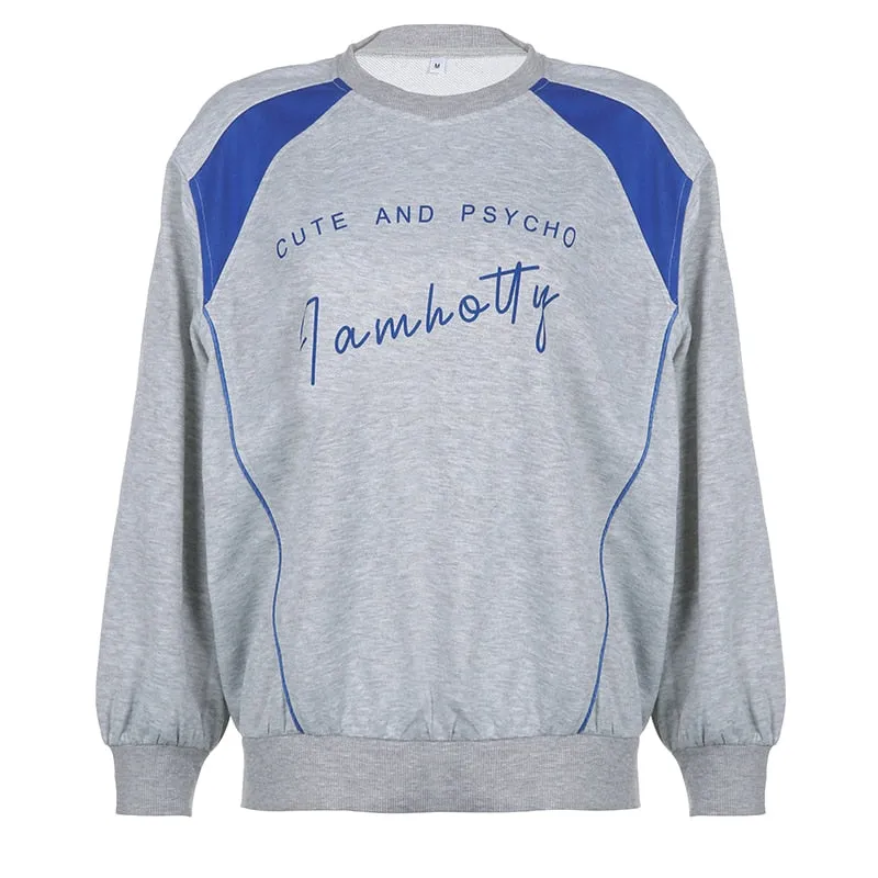 Casual Loose Letter Print Grey Autumn Sweatshirts Women Patchwork Contrast Preppy Pullover Korean O Neck Hoodies Cute