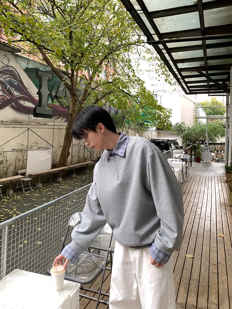 Check Patchwork Lapel Sweatshirt