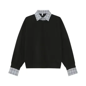 Check Patchwork Lapel Sweatshirt