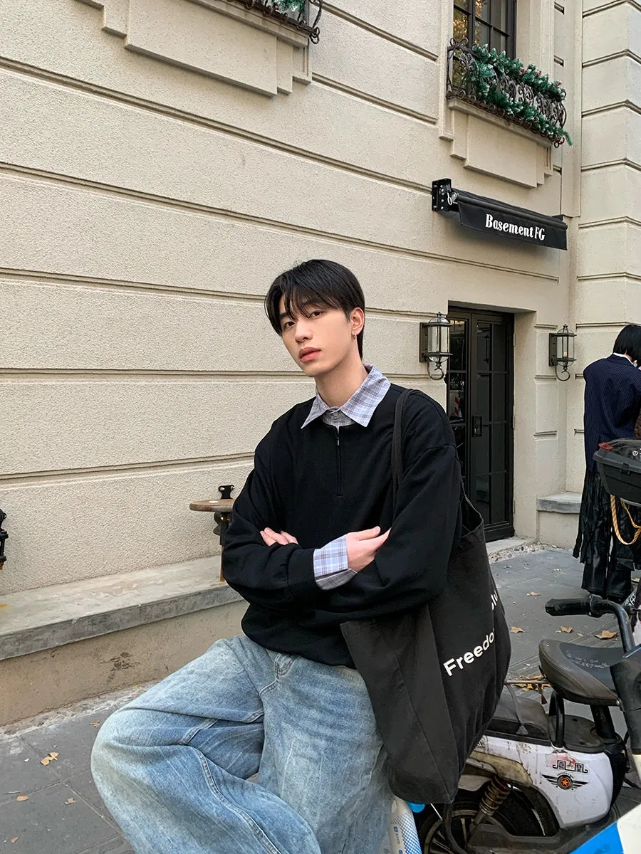 Check Patchwork Lapel Sweatshirt