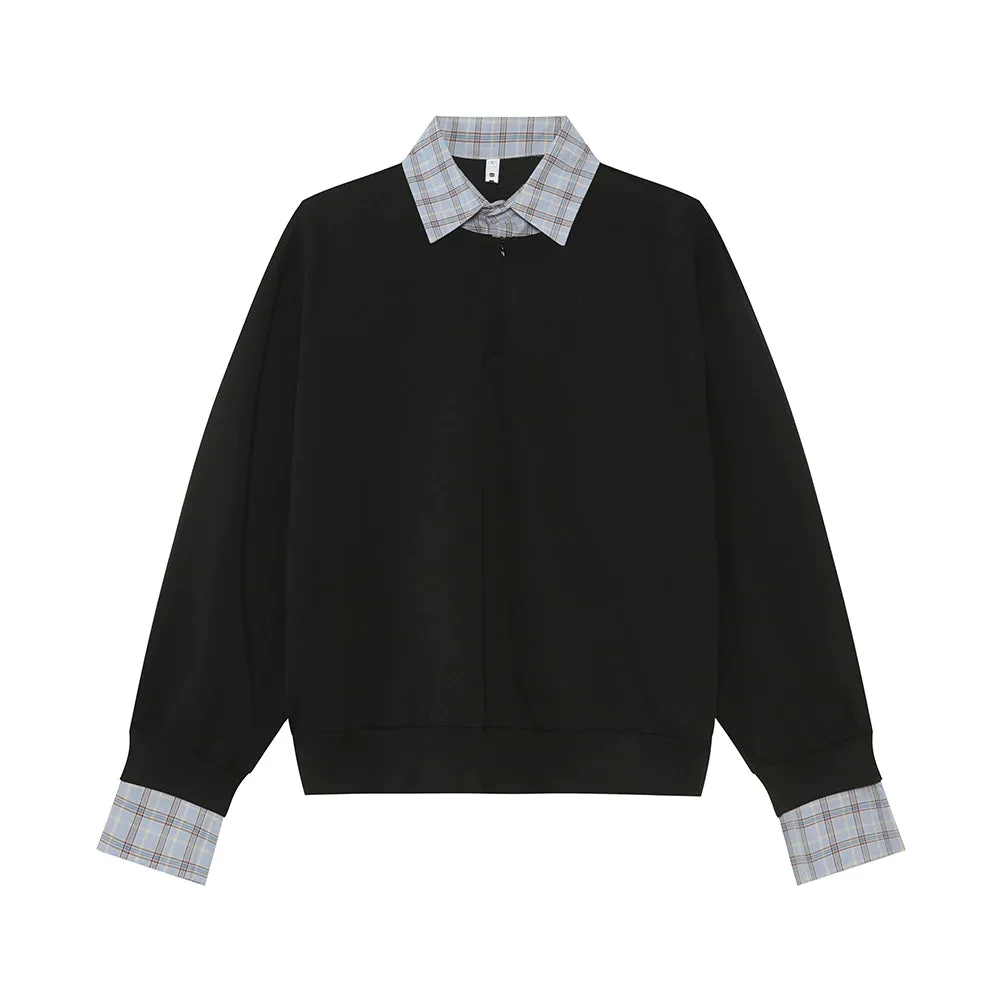 Check Patchwork Lapel Sweatshirt