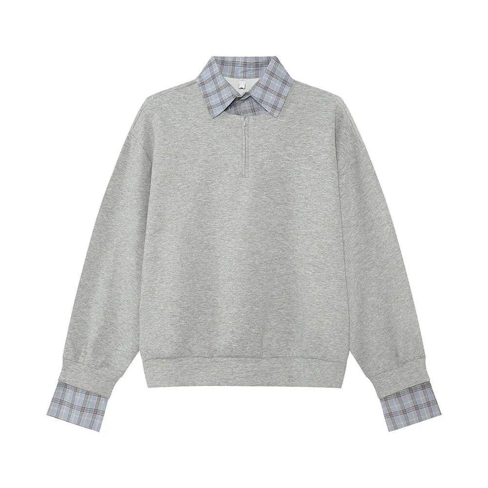 Check Patchwork Lapel Sweatshirt