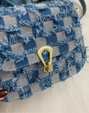 Checkered Raw Hem Adjustable Strap Crossbody Bag