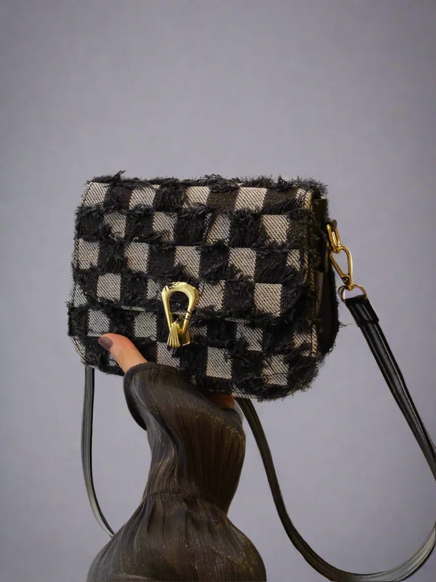 Checkered Raw Hem Adjustable Strap Crossbody Bag