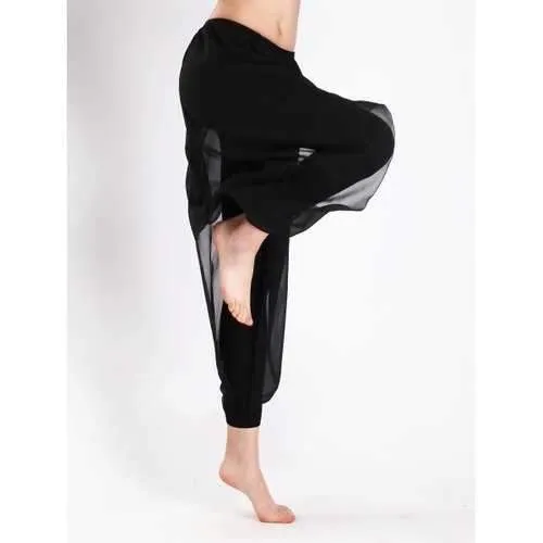 Chiffon Panel Flounce Dressy Yoga Pants - Black L