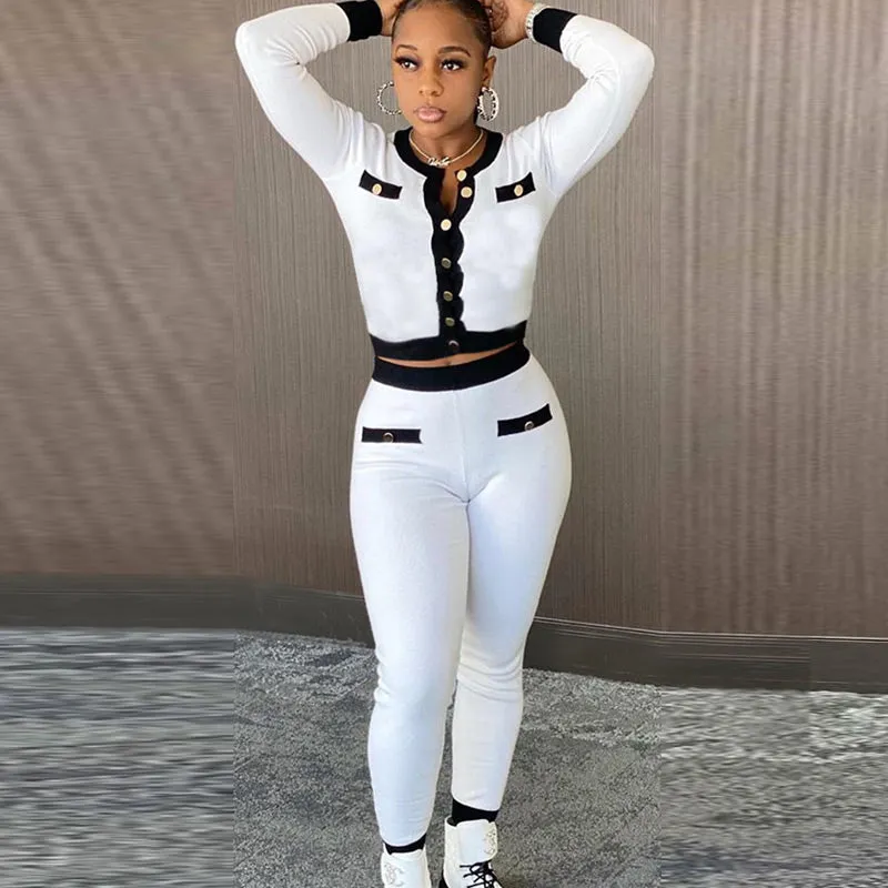 Colorblock Button Detailed Long Sleeve Top & Pants Set