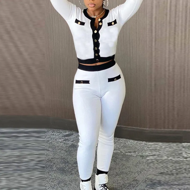Colorblock Button Detailed Long Sleeve Top & Pants Set