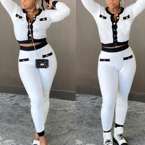 Colorblock Button Detailed Long Sleeve Top & Pants Set