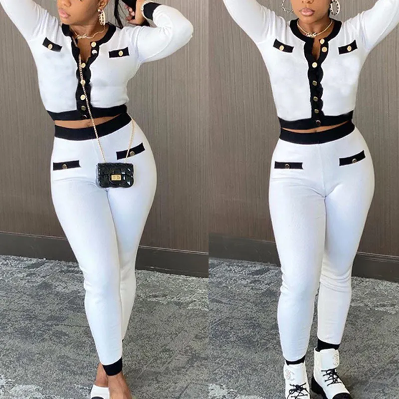 Colorblock Button Detailed Long Sleeve Top & Pants Set