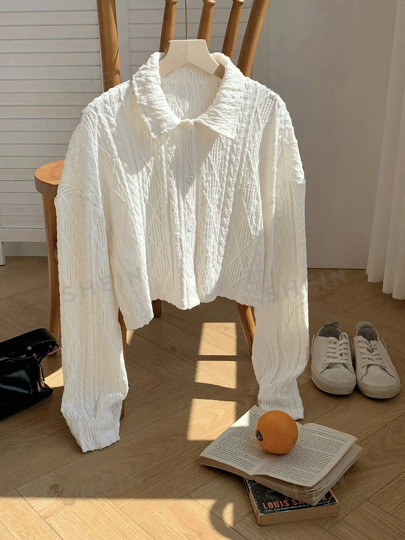 Comfortcana Women's White Knit Cropped Long Sleeve Blouse