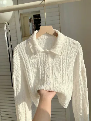 Comfortcana Women's White Knit Cropped Long Sleeve Blouse