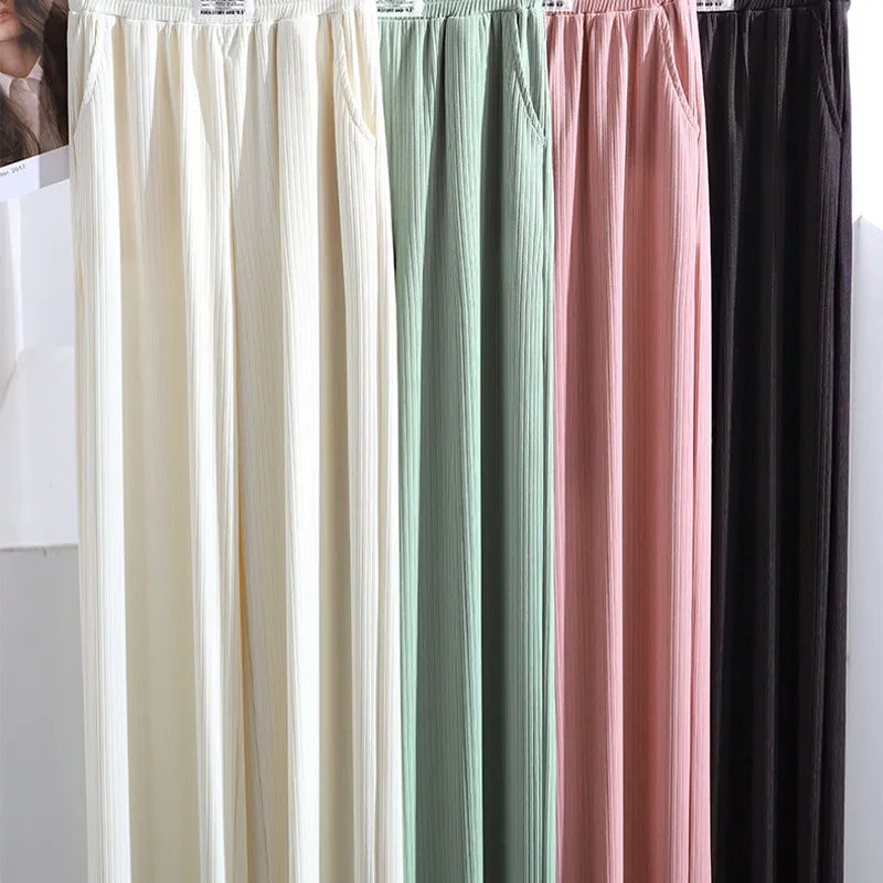 Damen-Sommerhose mit hoher Taille, drapierter Eisseide und weitem Bein