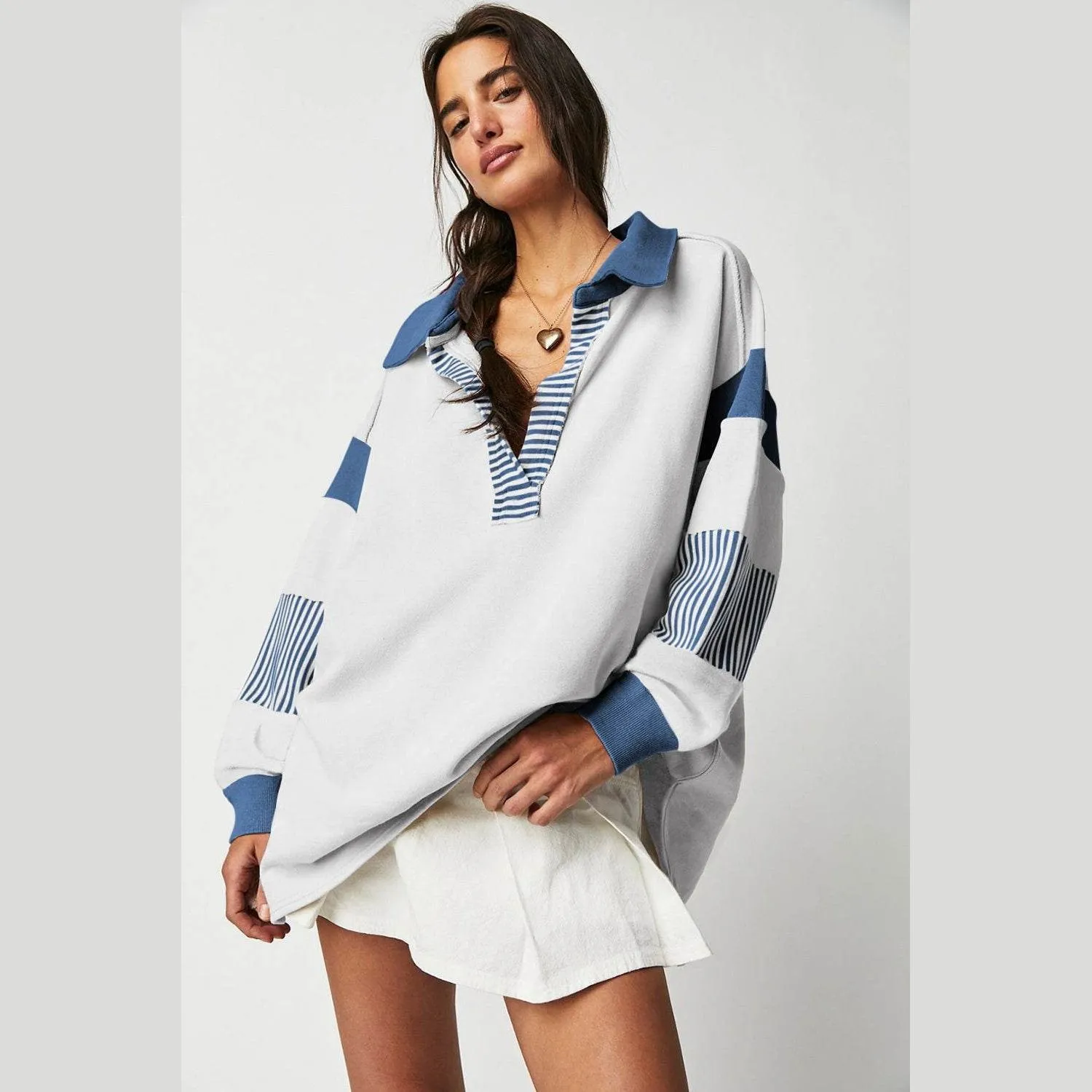 Dark Blue Striped Colorblock Patchwork Collar Sweatshirt