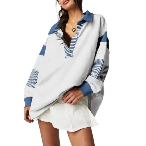Dark Blue Striped Colorblock Patchwork Collar Sweatshirt