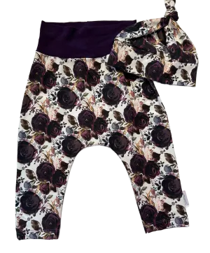 Dark Purple Floral Cuffless Harem Pants with Matching Top Knot Hat