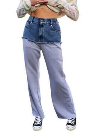 Davi & Dani Raw Hem Denim Patchwork Wide Leg Pants
