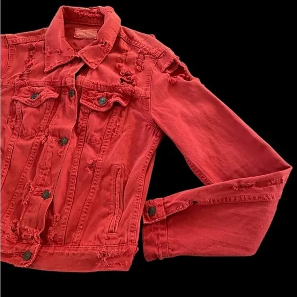 Denim &amp; Supply Ralph Lauren Womens Maroon XS Ripped Tatter Shred Trucker Jacket