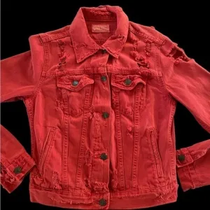 Denim &amp; Supply Ralph Lauren Womens Maroon XS Ripped Tatter Shred Trucker Jacket
