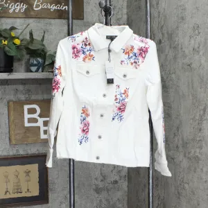 DG2  by Diane Gilman Womens Painted Floral Denim Trucker Jacket Ivory White M