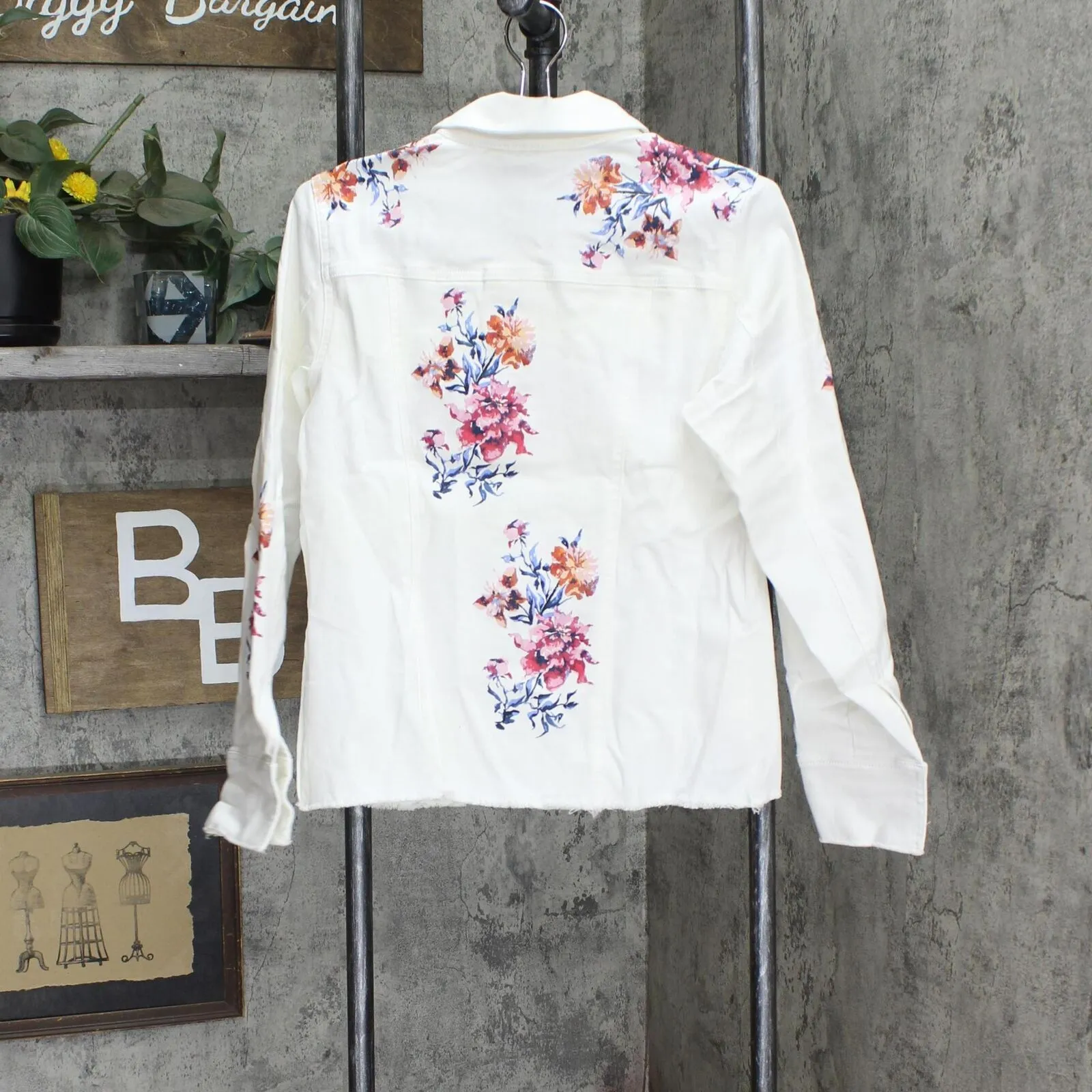 DG2  by Diane Gilman Womens Painted Floral Denim Trucker Jacket Ivory White M