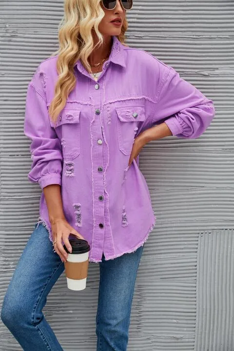 Distressed Raw Hem Denim Jacket