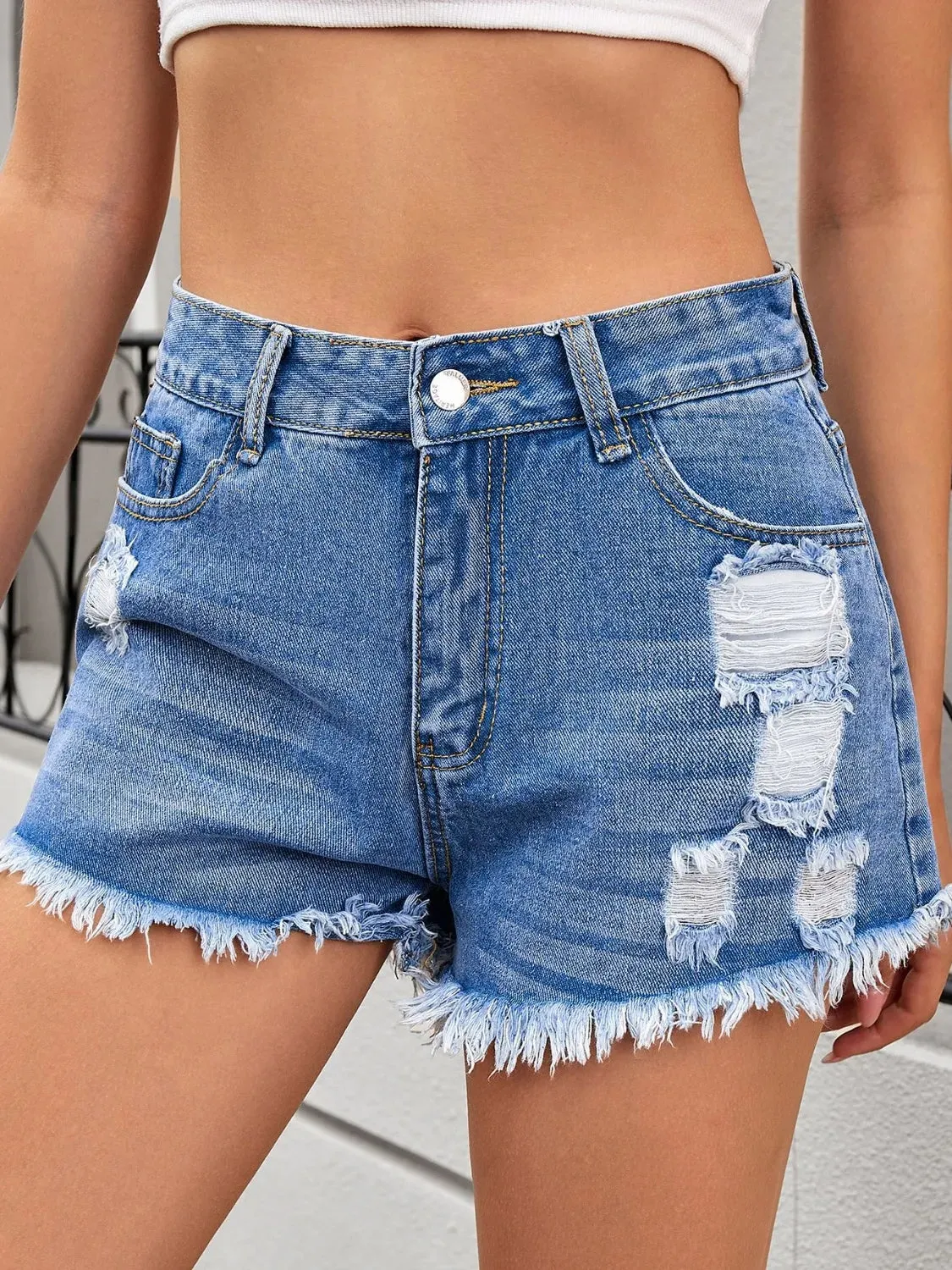 Distressed Raw Hem Denim Shorts