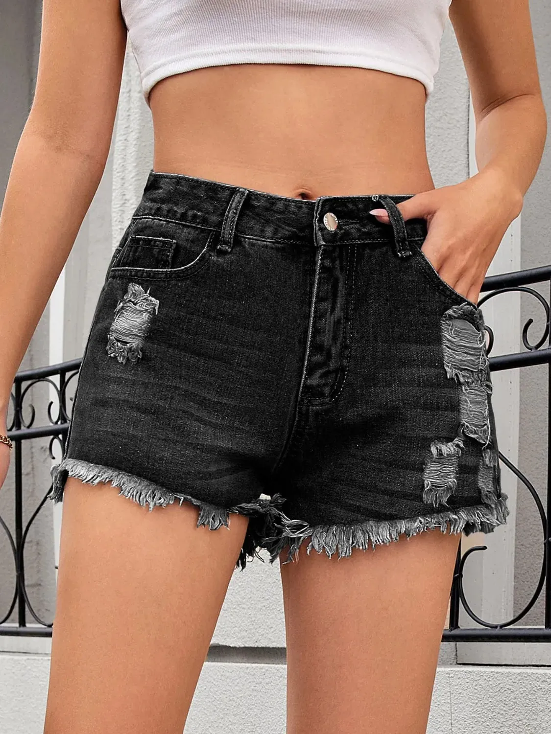 Distressed Raw Hem Denim Shorts
