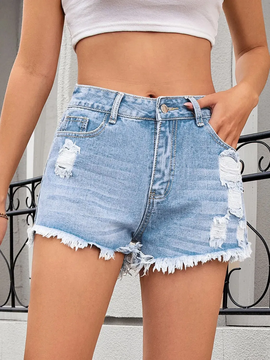 Distressed Raw Hem Denim Shorts
