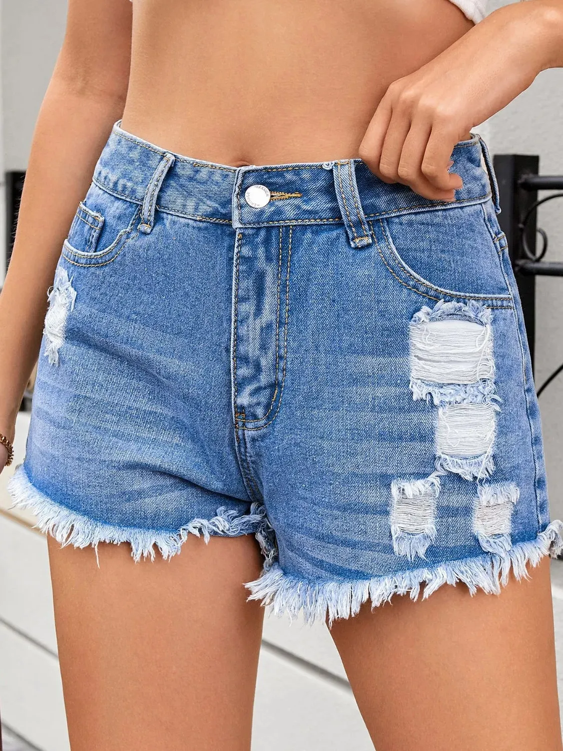 Distressed Raw Hem Denim Shorts