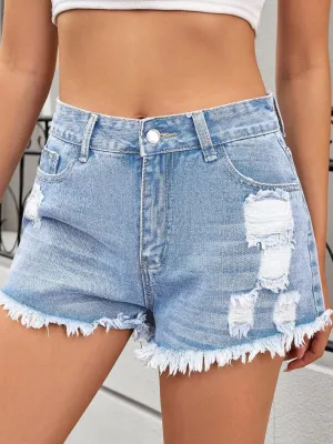 Distressed Raw Hem Denim Shorts