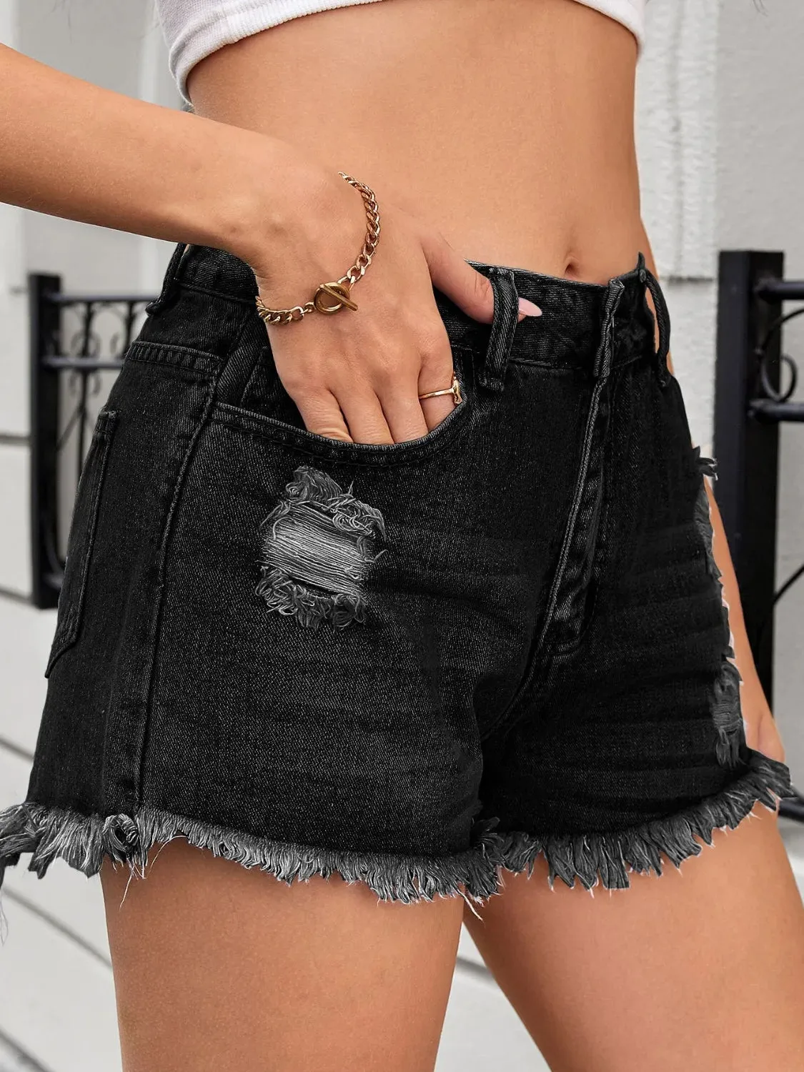 Distressed Raw Hem Denim Shorts