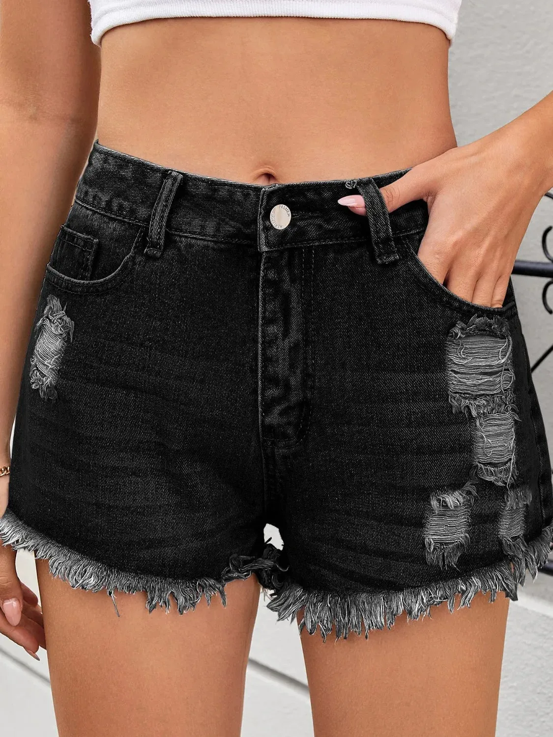 Distressed Raw Hem Denim Shorts