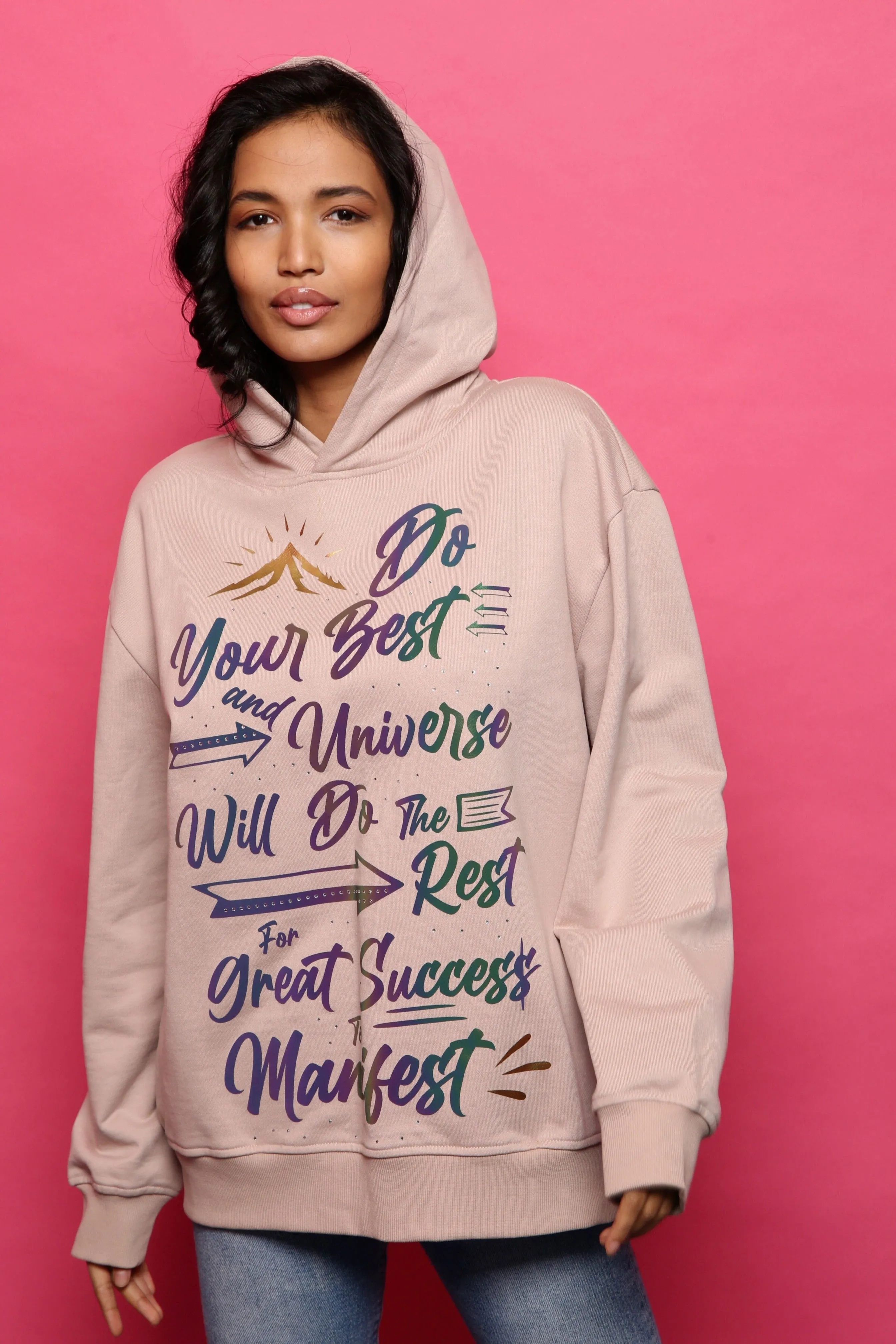 ‘Do Your Best’ Reflective & Rhinestone Affirmation Hoodie - Beige