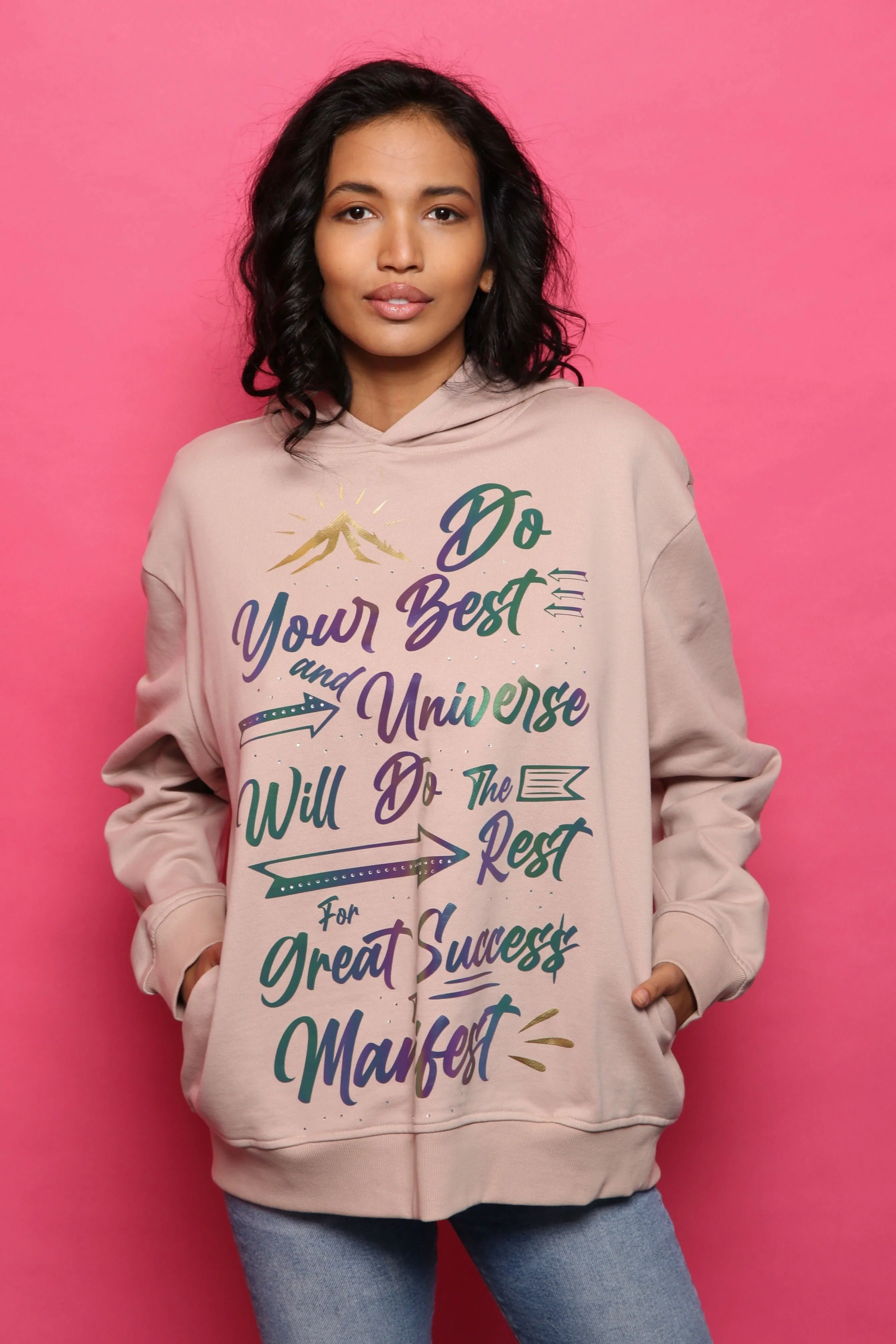 ‘Do Your Best’ Reflective & Rhinestone Affirmation Hoodie - Beige