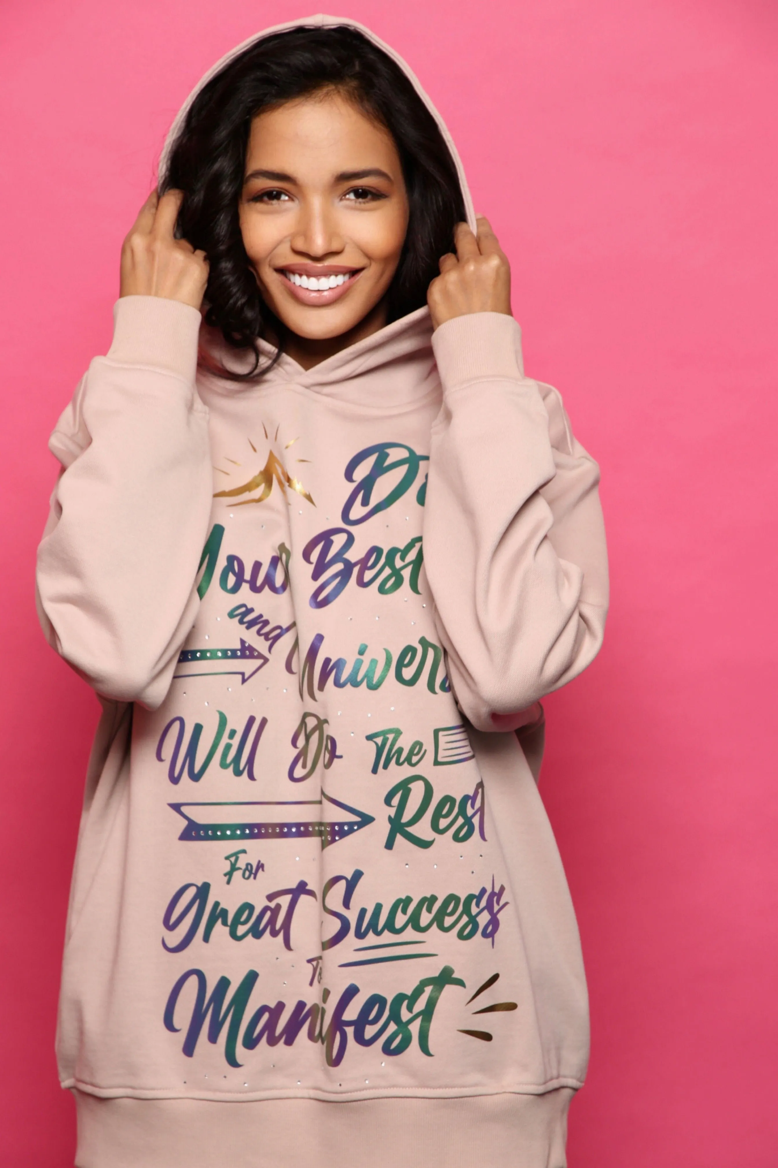 ‘Do Your Best’ Reflective & Rhinestone Affirmation Hoodie - Beige