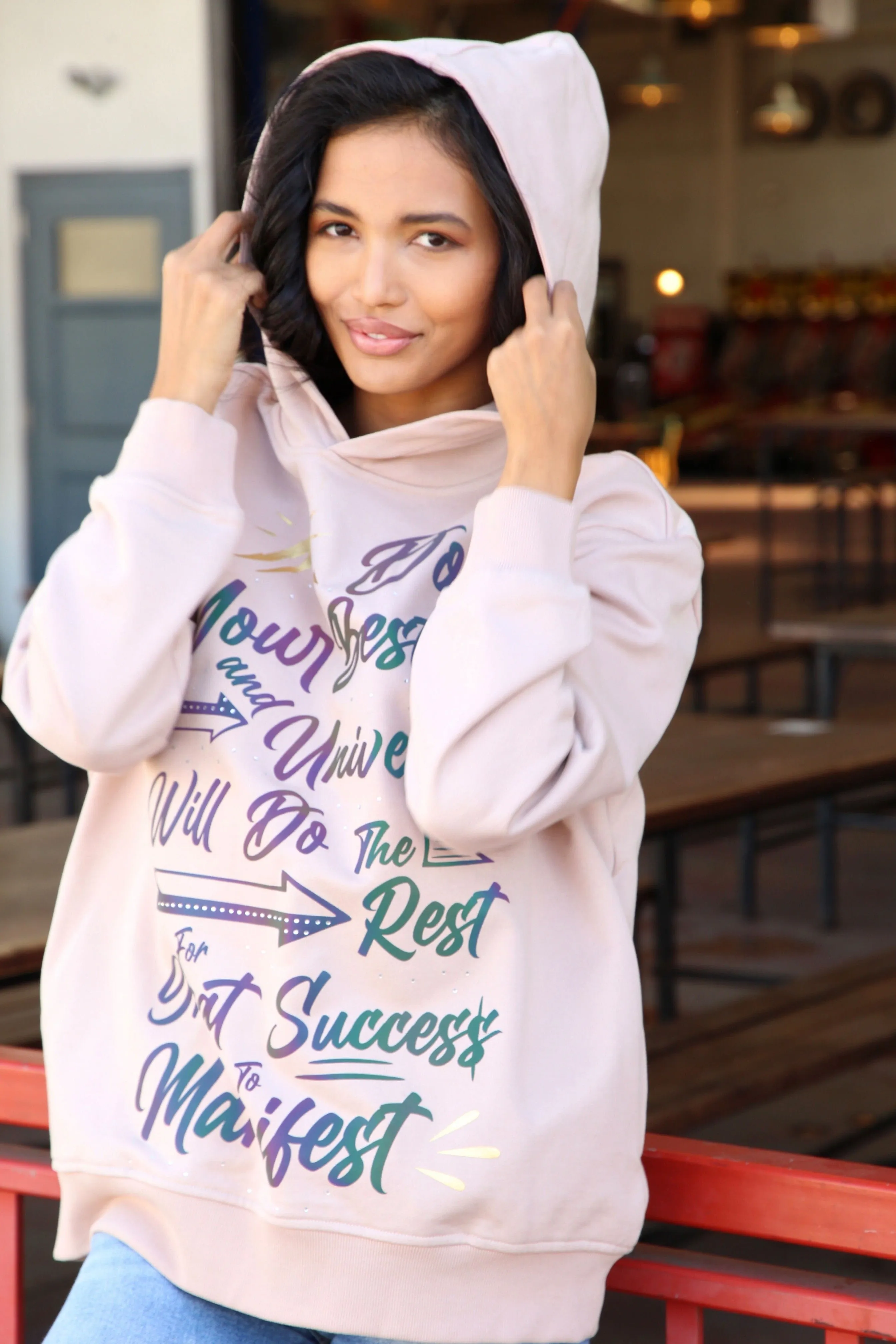 ‘Do Your Best’ Reflective & Rhinestone Affirmation Hoodie - Beige