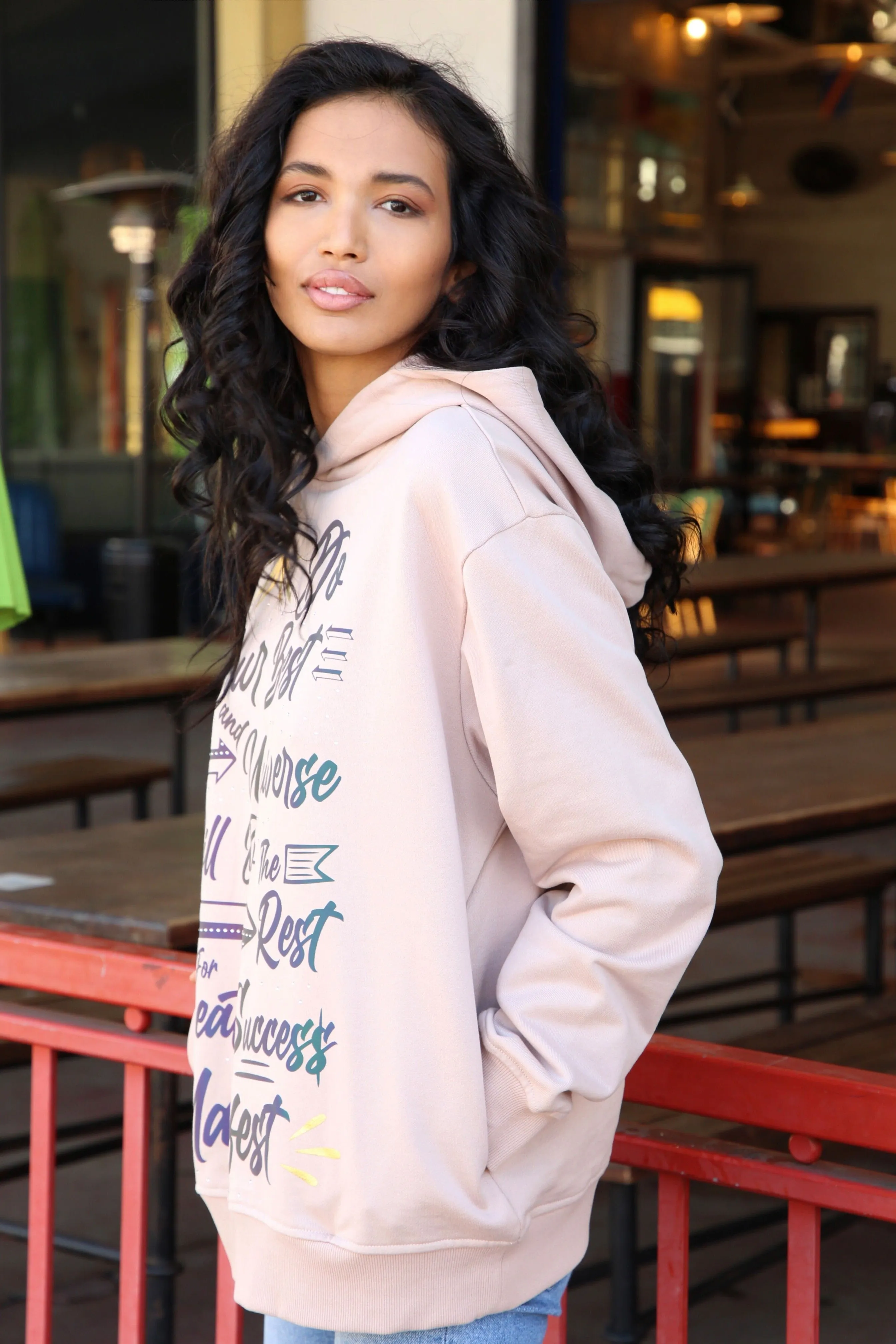 ‘Do Your Best’ Reflective & Rhinestone Affirmation Hoodie - Beige