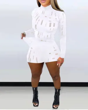 Elastic Ripped High Collar Long Sleeve Suit