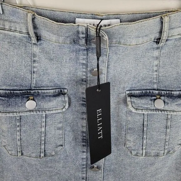 Elliatt Disco Kaffir Mid Blue Stretchy Denim Button Pockets Mini Skirt Size M