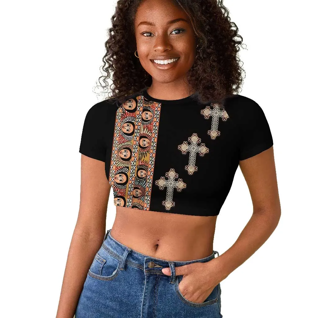 Ethiopia Angels Tilet With Cross Raglan Cropped T shirt Black Color LT15
