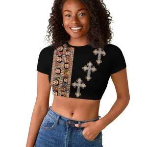 Ethiopia Angels Tilet With Cross Raglan Cropped T shirt Black Color LT15